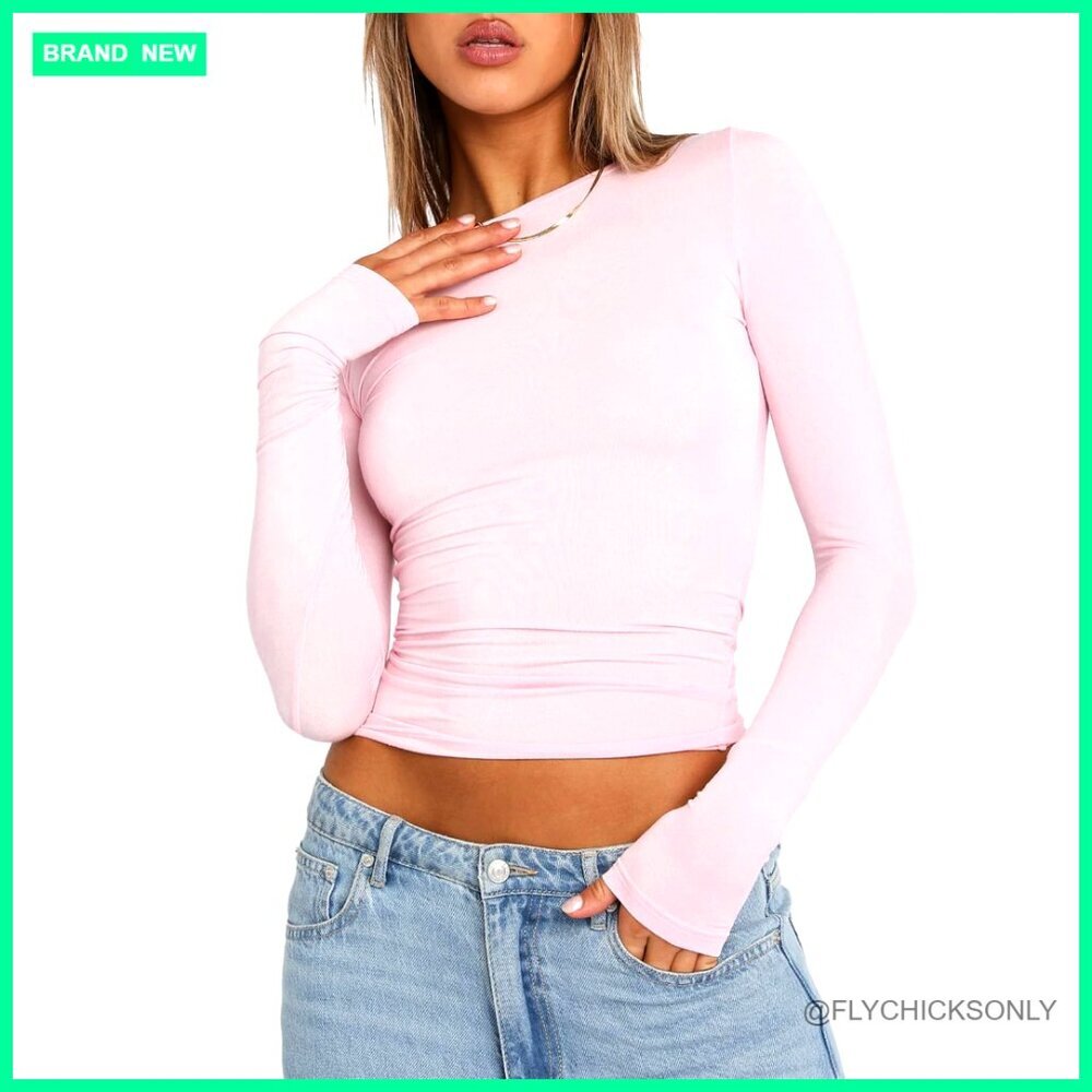 Slim Fit Long Sleeve Crop Top Crew Neck Polyester Streetwear Tee